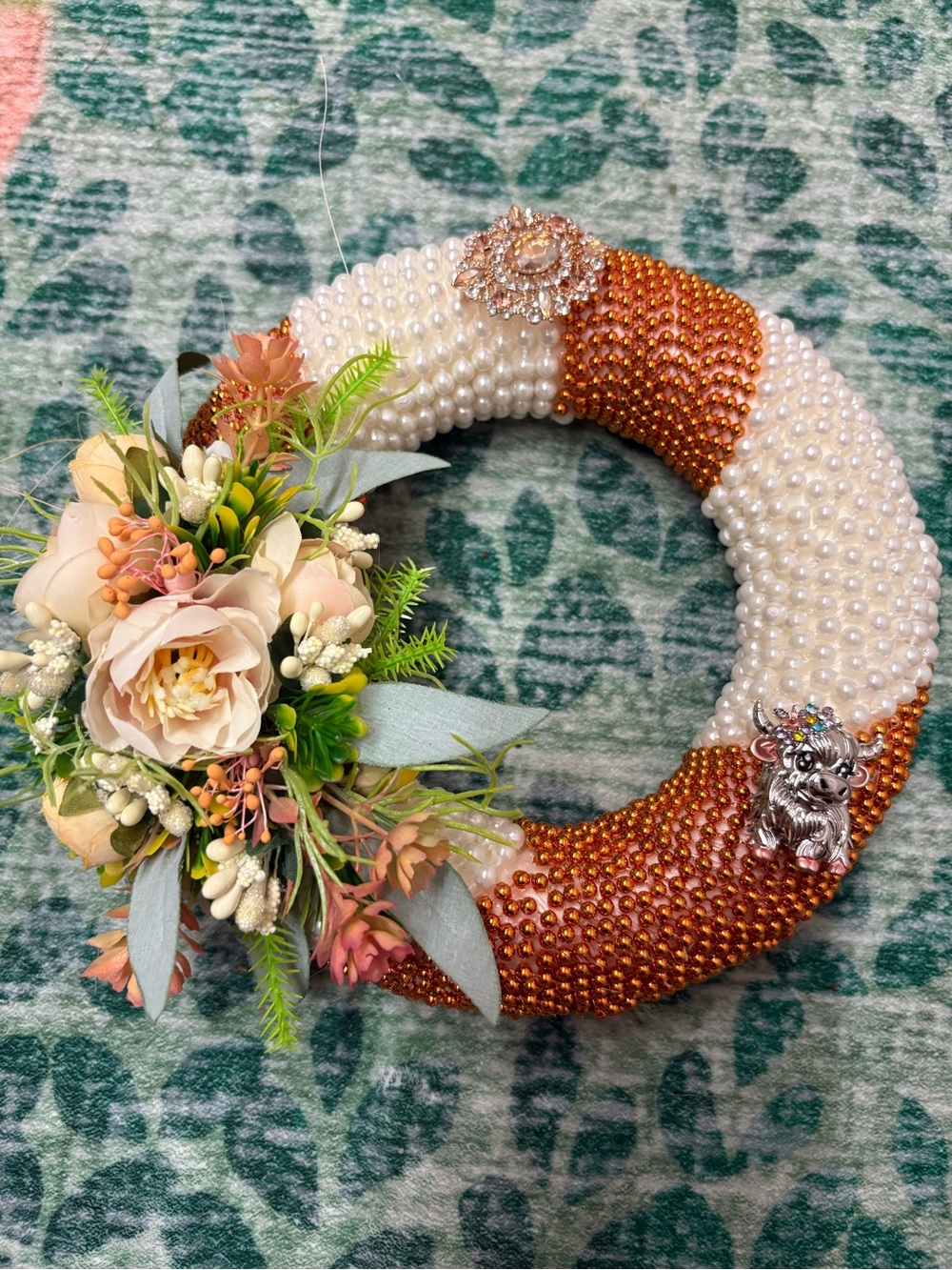 Pearl and Copper Beaded Floral Wreath